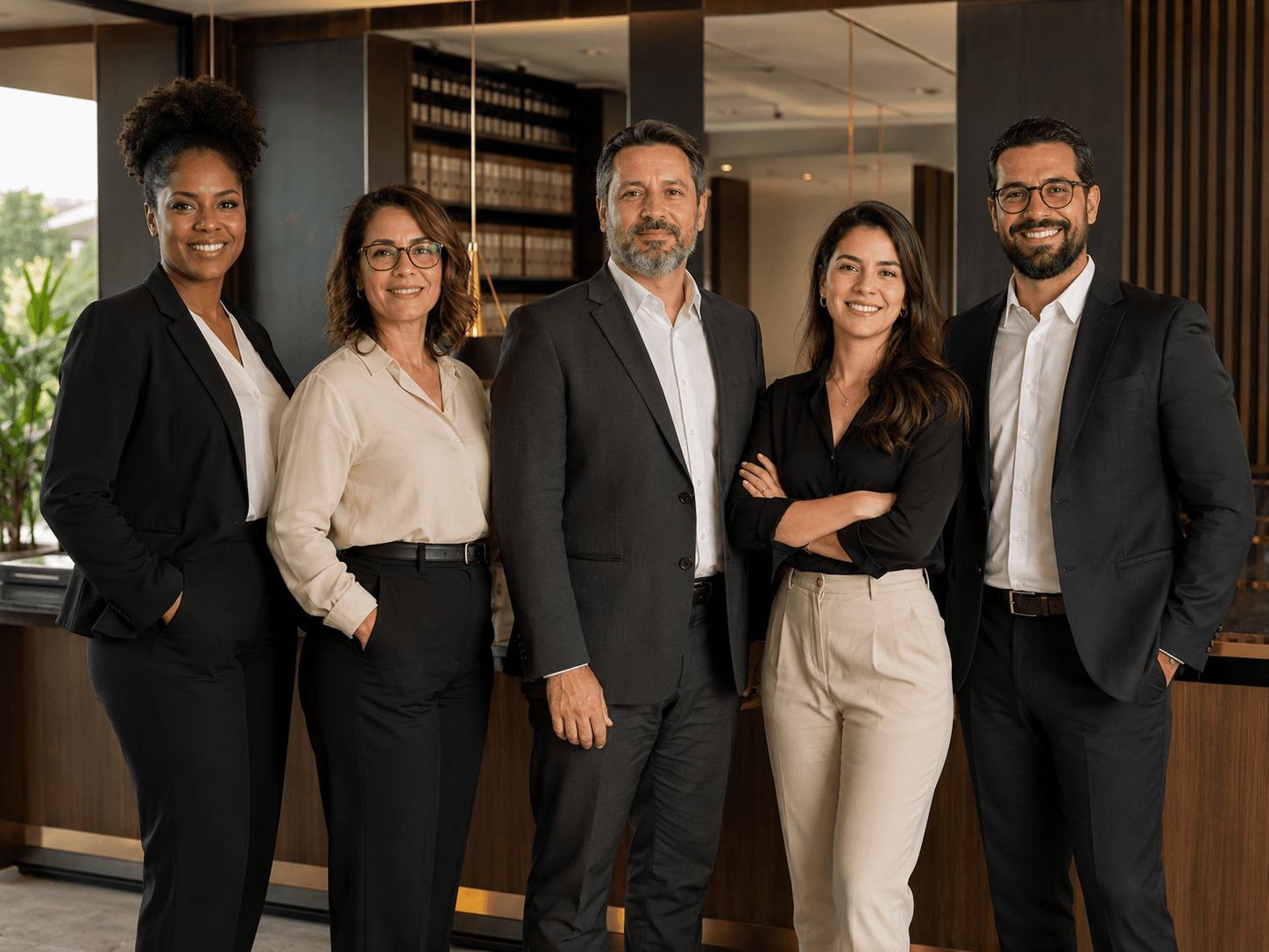Equipe profissional em ambiente de atendimento cartorial
